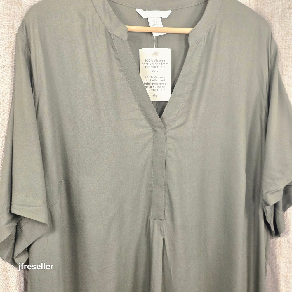 HM V-Neck Shift Dress Women's L Olive Green Short Sleeve Lightweight Flowy NWT - Picture 2 of 6
